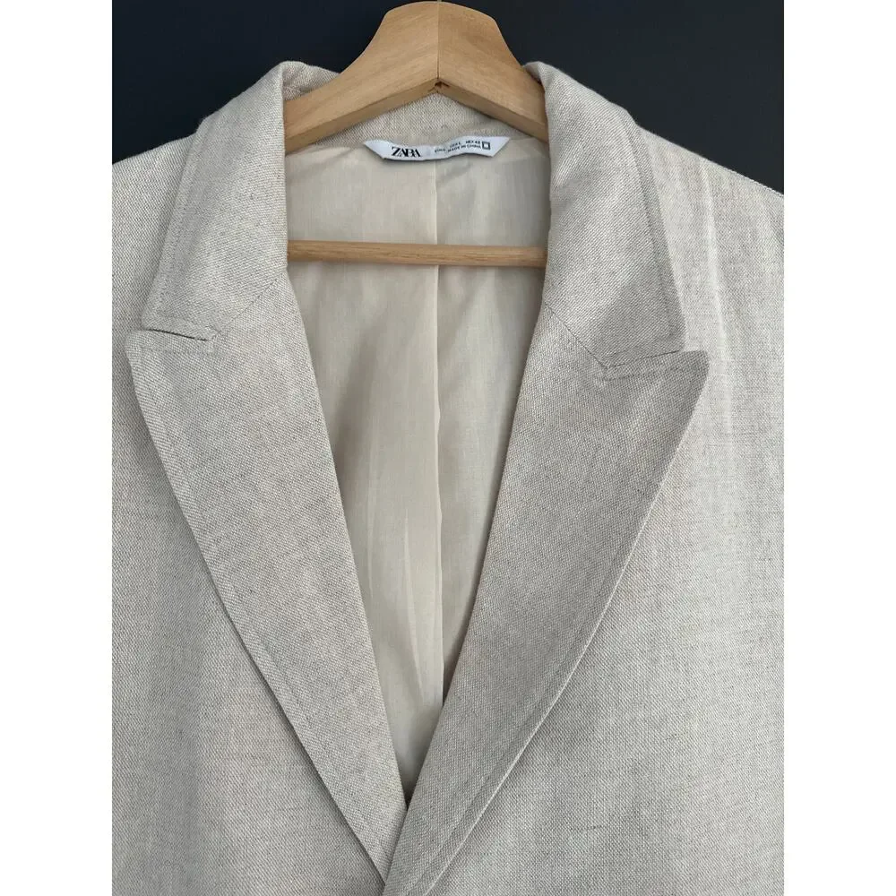 ZARA Linen Blend Sports Coat Blazer Jacket Ivory Cream Size Large